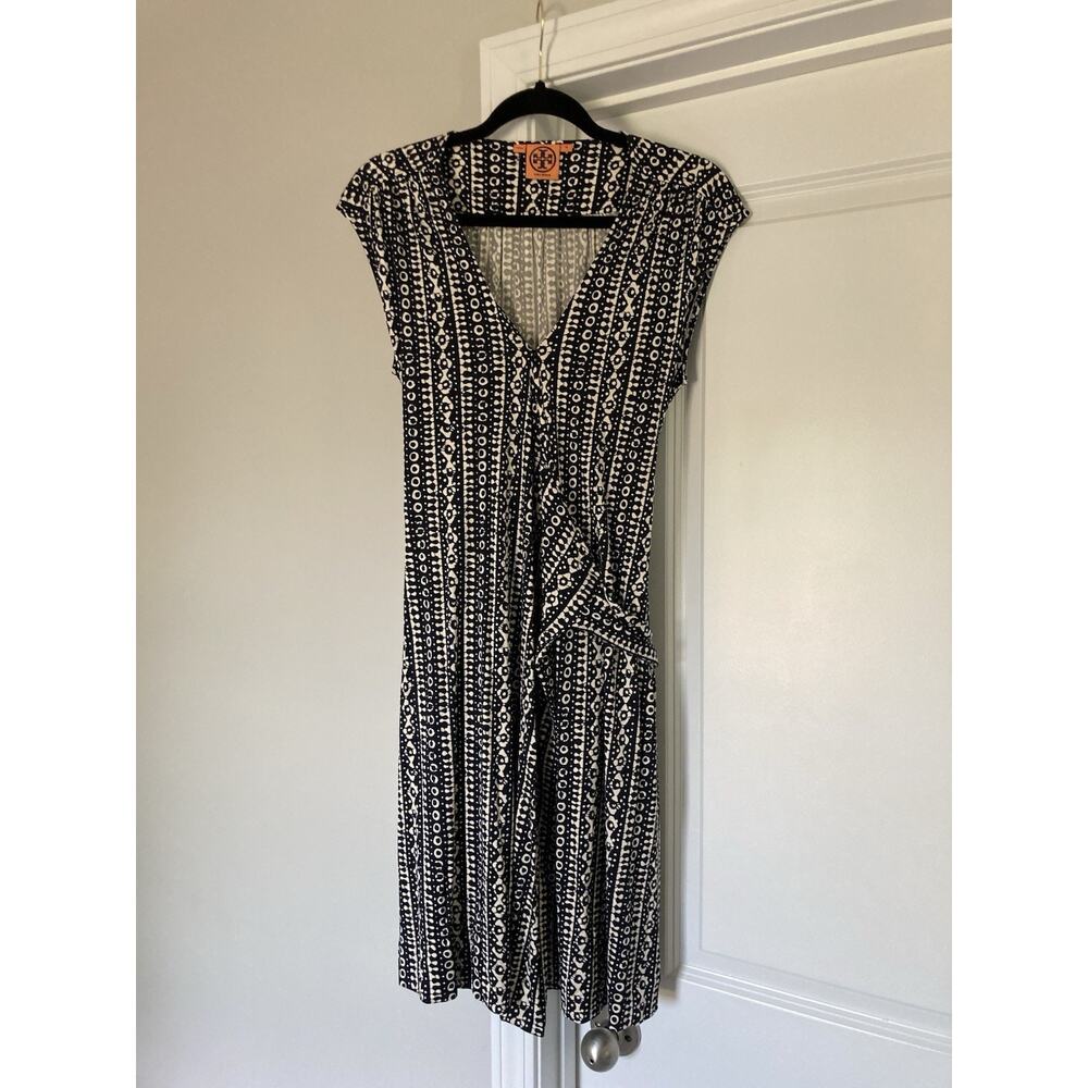 Tory Burch Wrap Dress Black & White Large 100% Silk Knee Length Sleeveless M